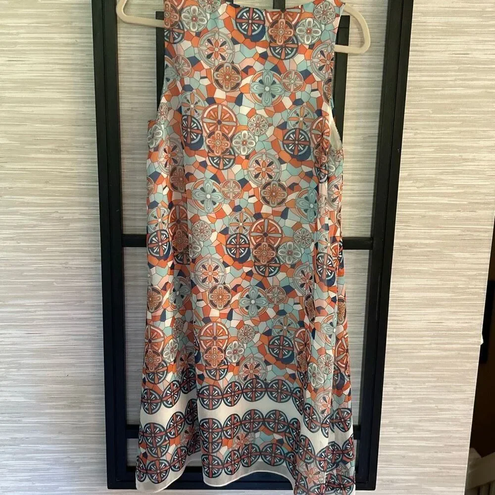 Max studio lovely peach blue white printed trapeze flowy dress m